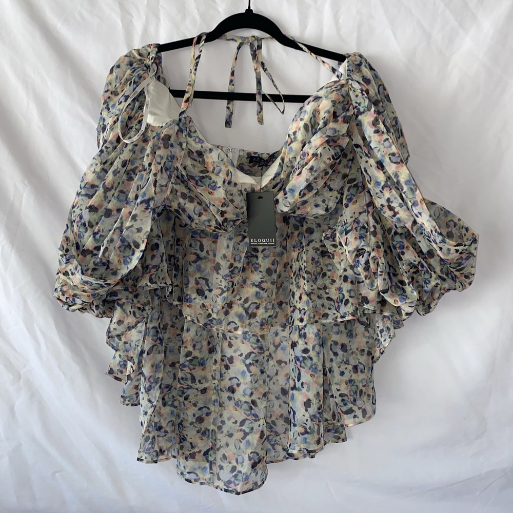 Eloquii Tiered Flutter Sheer Crop Front Cold Shoulder Zipper Back Cover Up 22